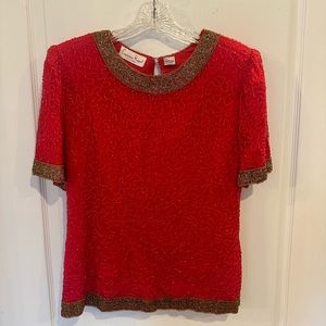 Laurence Kazar Womens Vintage Red & gold Beaded Silk short sleeve Blouse sz XL